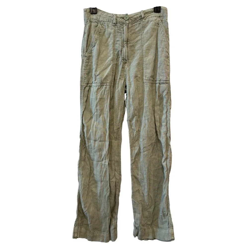 ZARA Women's Light‎ Green 100% Linen Utility Pants Wide Leg Cropped Size XS